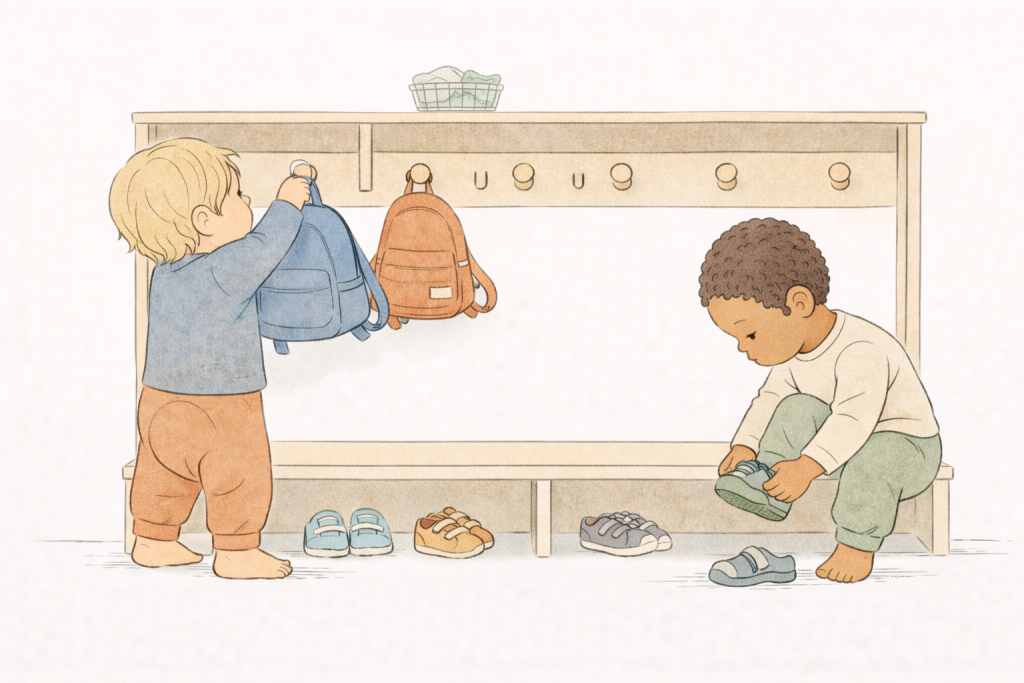 Zwei Kinder an einer Garderobe in der Krippe oder im Kindergarten. Ein Kind zieht sich die Schuhe an oder aus, ein Kind hängt einen Rucksack an den Haken. Beide Kidner tragen jeweils eine Windelweg Hose.