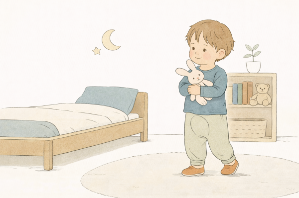 Ein Kind macht sich fertig, um ins Bett zu gehen. Es hält ein Kuscheltier im Arm