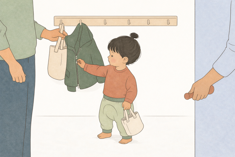 Illustration: Ein Kind in Windelweg Hose hängt eine Jacke an eine Kita-Garderobe