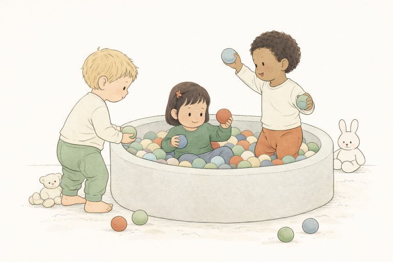 Illustration: drei Kinder spielen in einem Bällebad