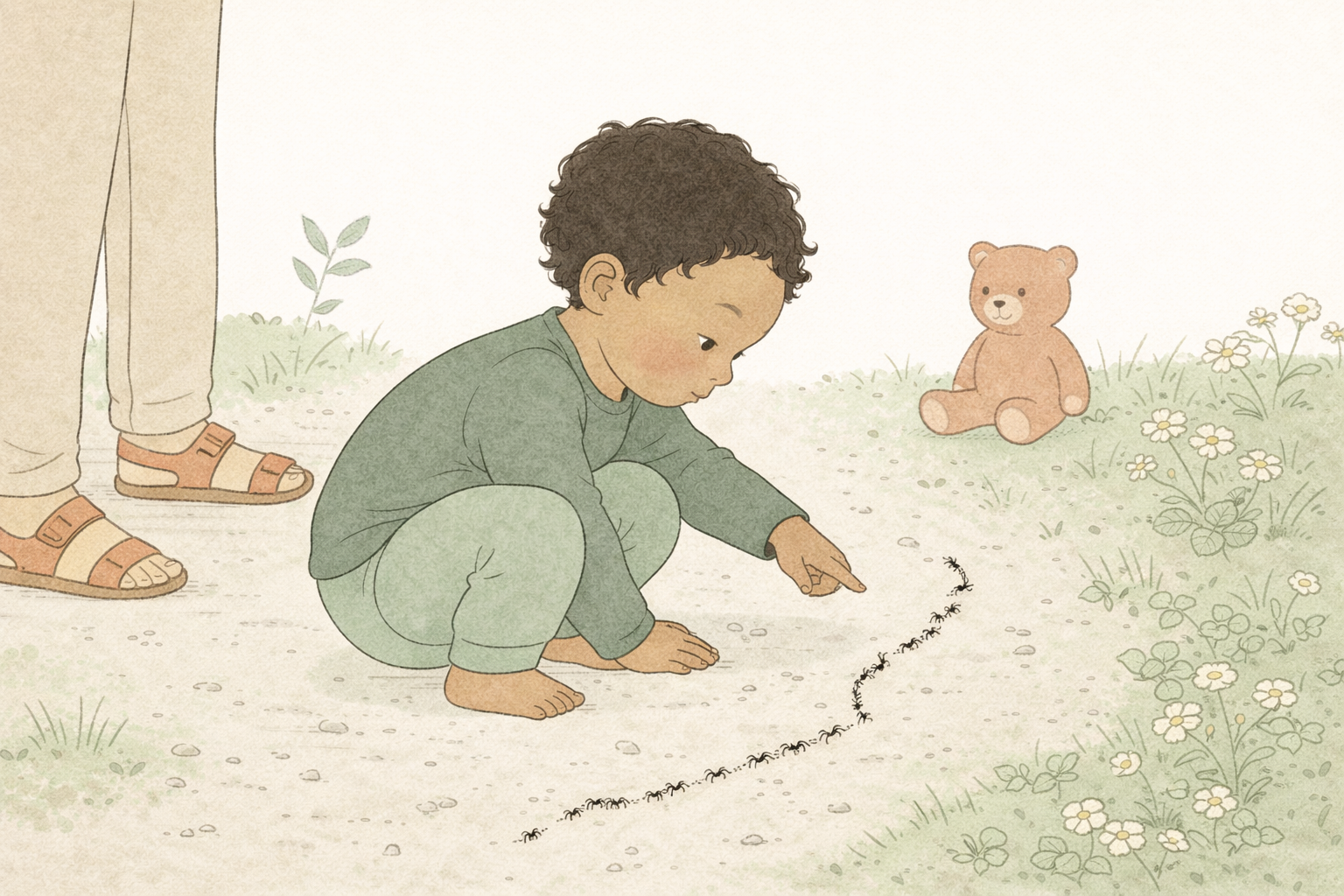 Ein Kind hockt auf dem Boden und schaut einer Ameisenstraße zu, im Hintergrund sitzt ein Teddy