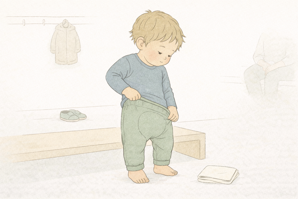 Illustration: Ein Kind zeigt, wie einfach die ojun Windelweg Hose selbstständig an- und ausgezogen werden kann