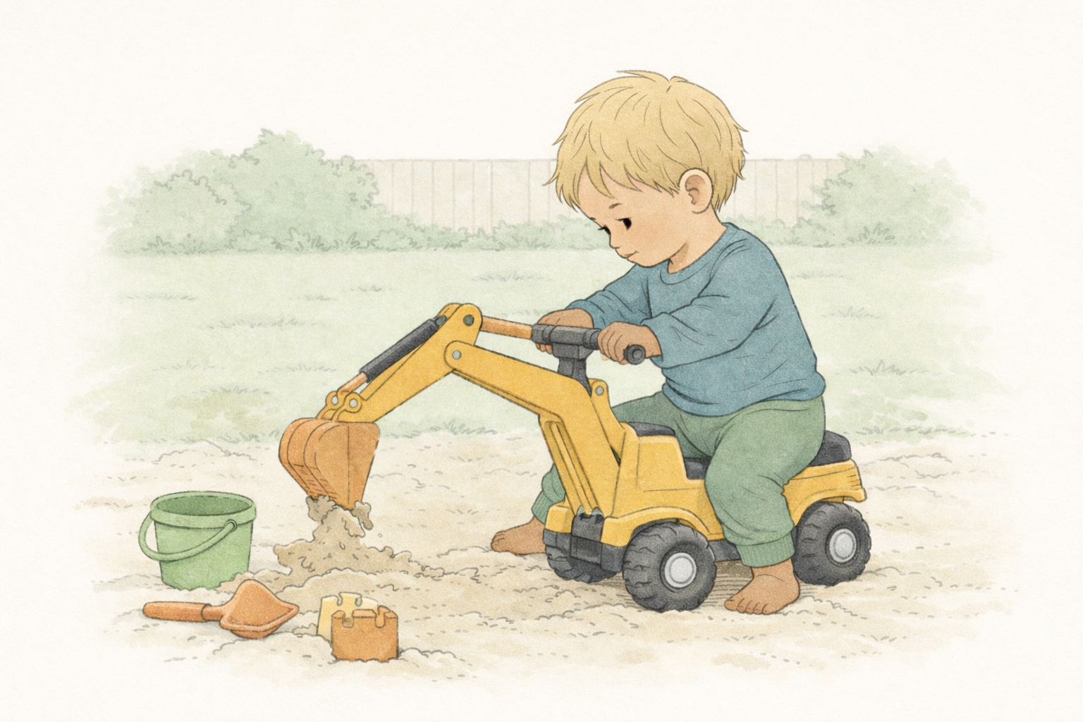 Ein Kind sitzt auf einem Spielzeugbagger und spielt im Garten im Sand