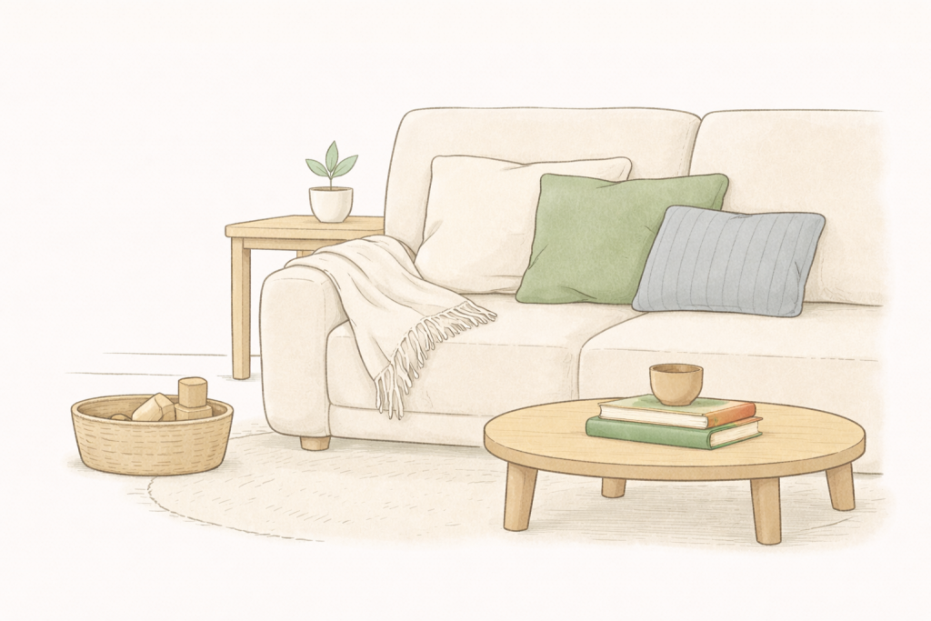 Ein Sofa in einem Wohnzimmer. Vor dem Sofa steht ein niedriger Tisch mit zwei Büchern darauf. Auf dem Sofa sind Kissen. Neben dem Sofa steht ein Beistelltischchen mit einer Pflanze darauf.