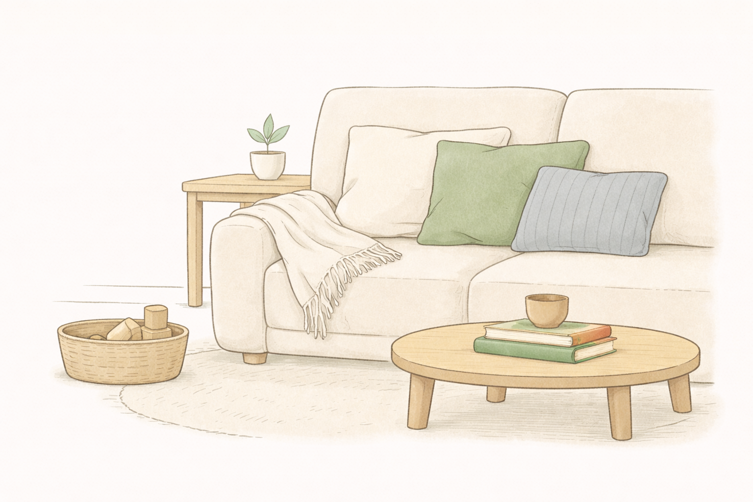 Ein Sofa in einem Wohnzimmer. Vor dem Sofa steht ein niedriger Tisch mit zwei Büchern darauf. Auf dem Sofa sind Kissen. Neben dem Sofa steht ein Beistelltischchen mit einer Pflanze darauf.