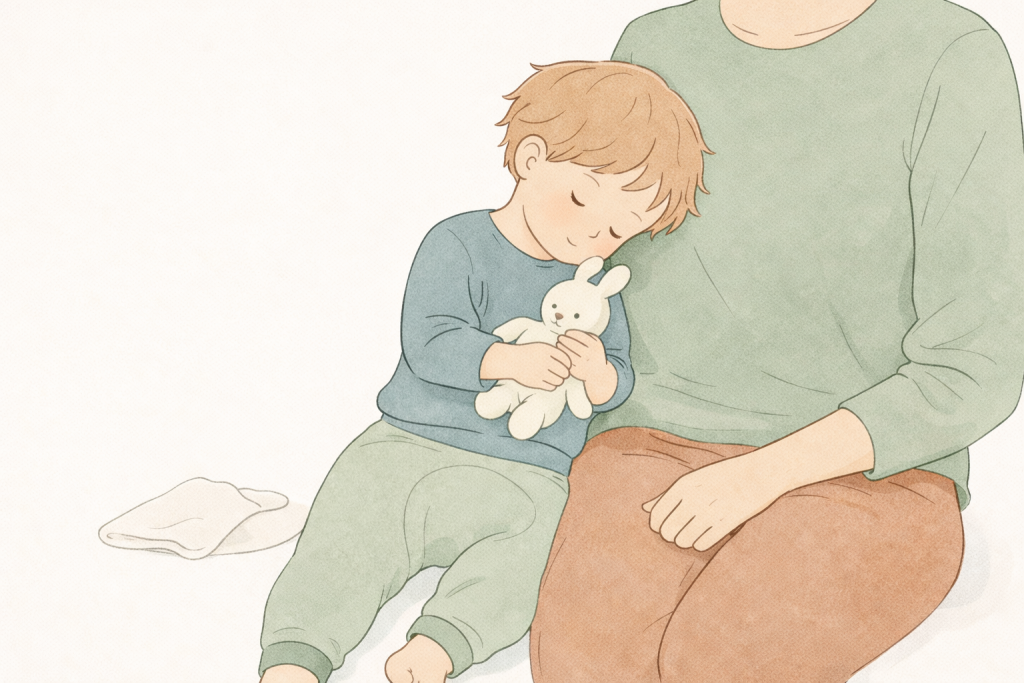 Illustration: Ein Kind hat sich an ein Elternteil angekuschelt, es hält einen Plüschhasen im Arm