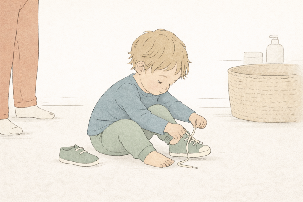 Ein Kind sitzt auf dem Boden und zieht sich die Schuhe an
