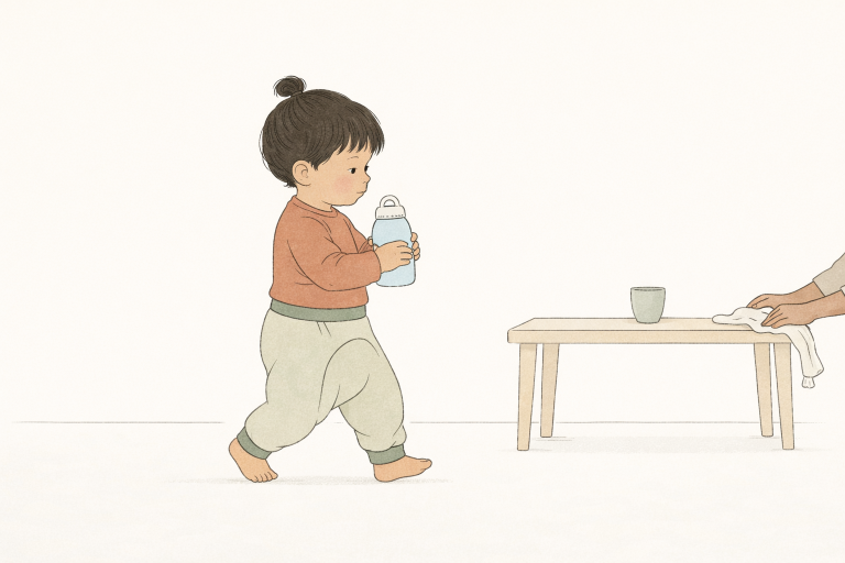 Illustration: Ein Kind trägt eine Flasche zu einem niedrigen Tisch