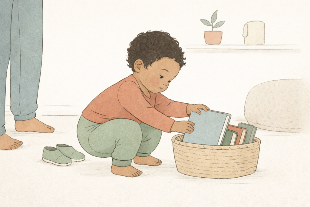 Ein Kind hockt auf dem Fußboden und sucht sich ein Buch aus einem Korb mit Bilderbüchern aus