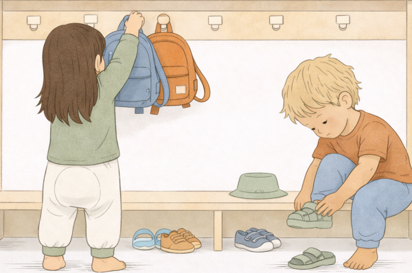 Zwei Kinder in einer Kita-Garderobe