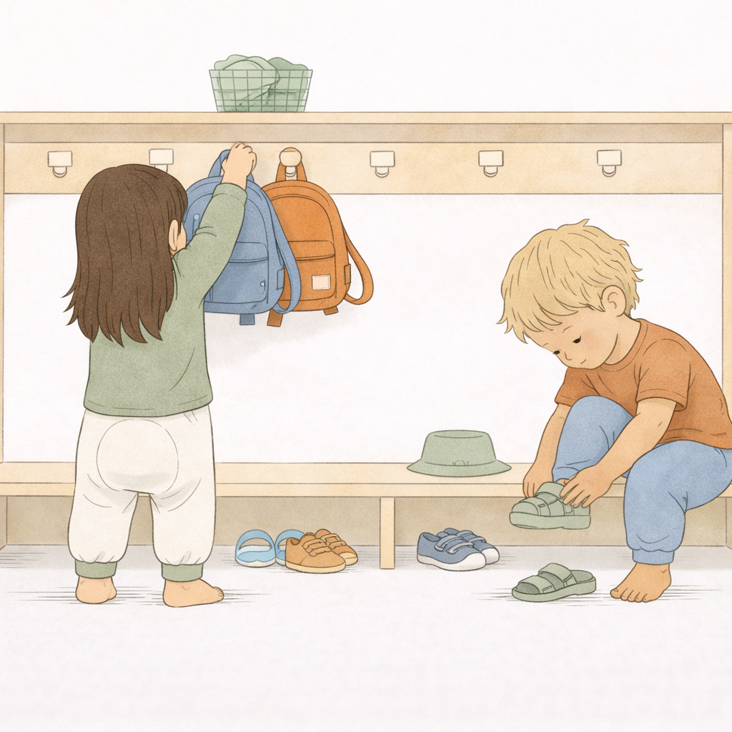 Zwei Kinder in einer Kita-Garderobe