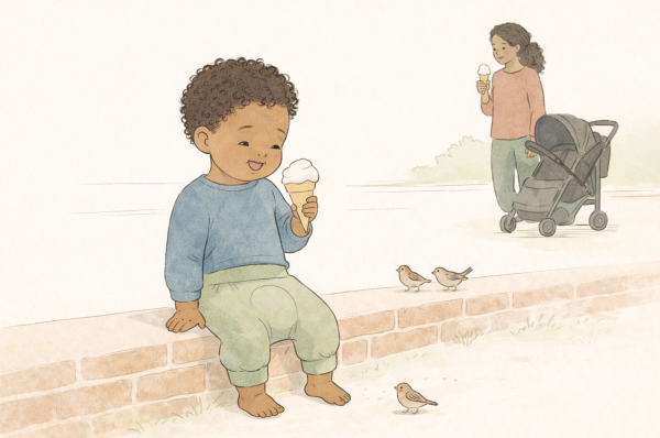 Ein Kind in Windelweghose sitzt auf einer niedrigen Mauer und hält ein Eis in der Hand. Im Hintergrund steht eine Mutter mit Kinderwagen.