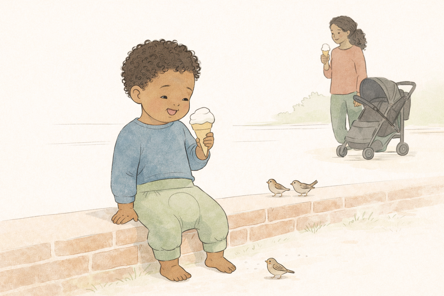 Ein Kind in Windelweghose sitzt auf einer niedrigen Mauer und hält ein Eis in der Hand. Im Hintergrund steht eine Mutter mit Kinderwagen.
