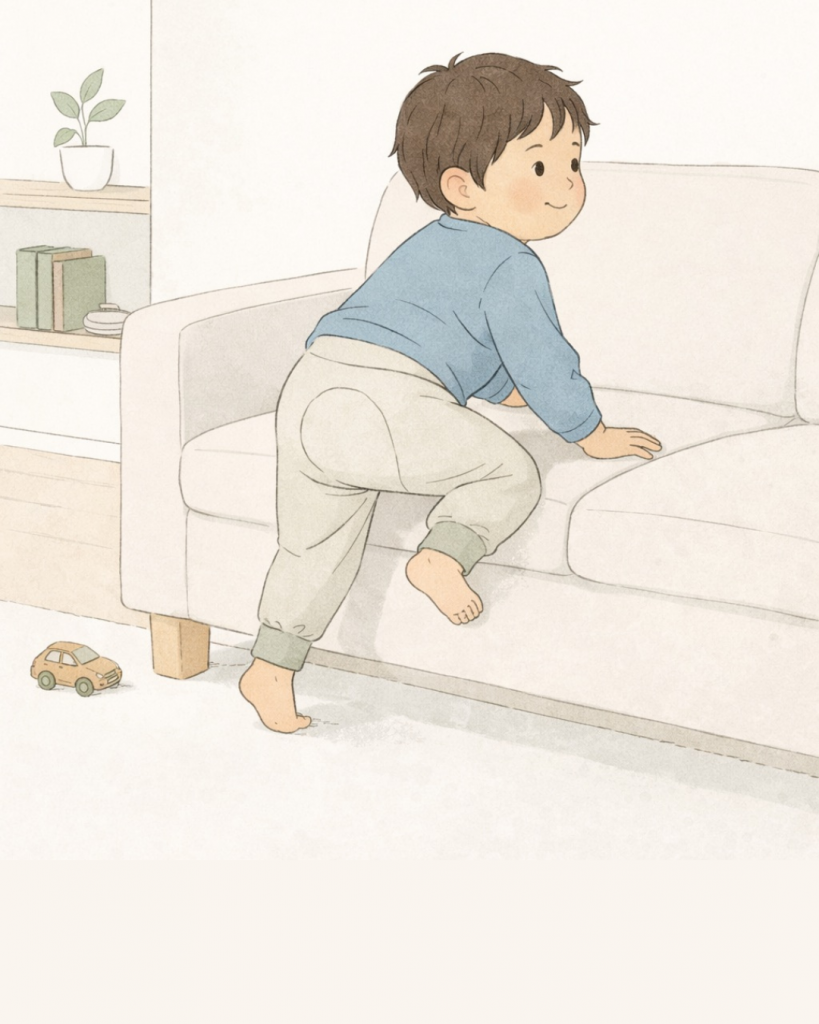 Ein Kind, das eine Windelweg Hose trägt, klettert auf ein Sofa.