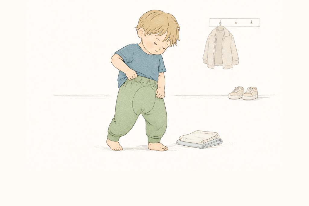 Illustration: Ein Kind in T-Shirt und Windelweghose greift sich an den Bund, als wolle es die Hose hoch oder runterziehen
