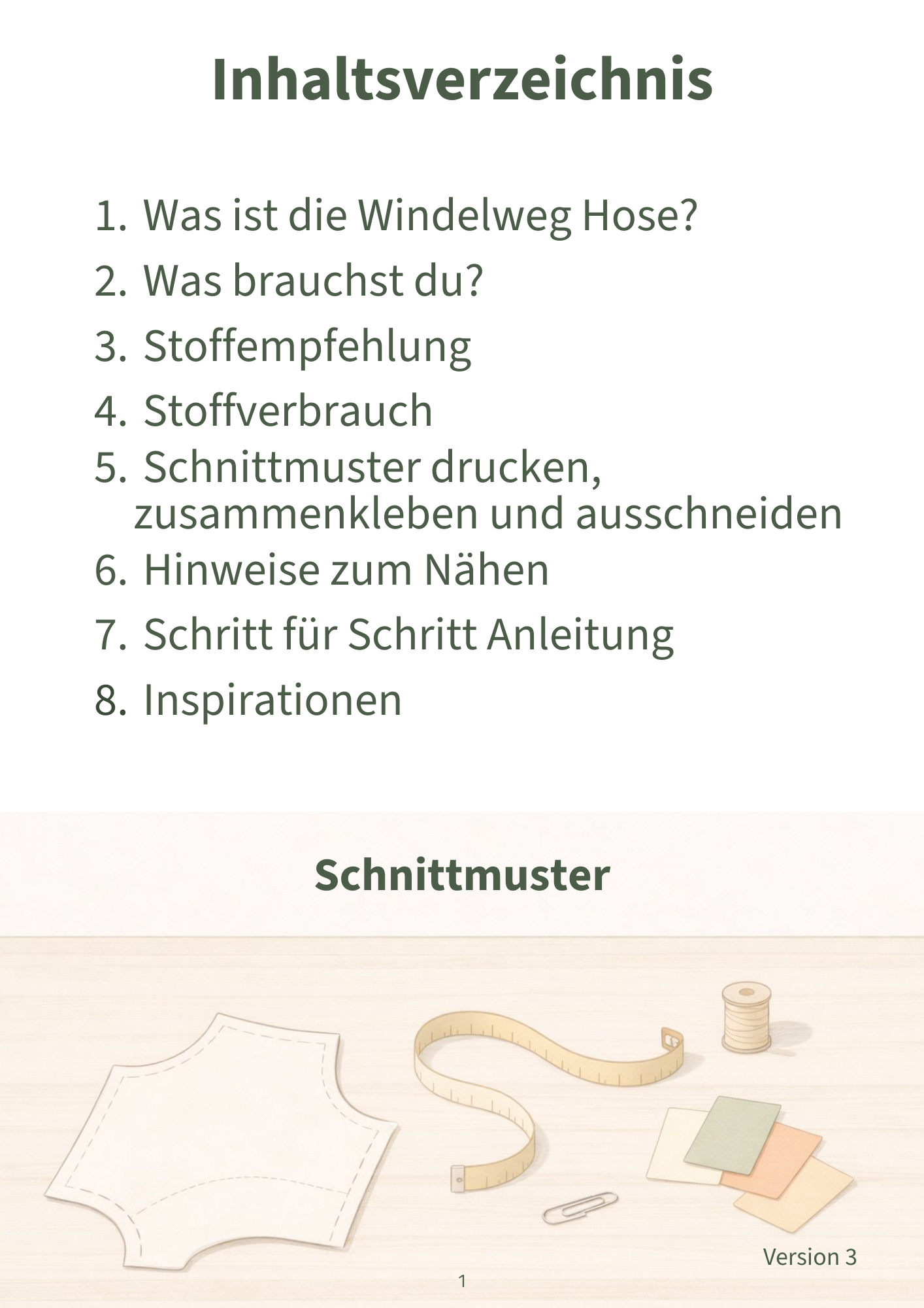 Inhaltsverzeichnis für das SchnittmusterAnleitung der Windelweghose