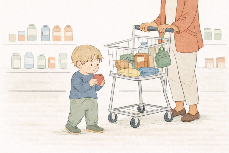 Ein Kind ist mit einem Elternteil im Supermarkt. Der Einkaufswagen ist gefüllt, das Kind steht mit einem Apfel in der Hand daneben.