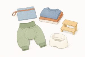 Flatlay mehrerer Elemente: Eine Windelweg Hose, Ein Wetbag, ein Töpfchen