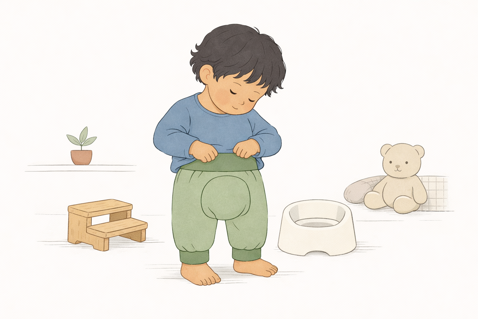 Ein Kind mit einer Windelweg Hose steht im Zentrum des Bildes. Im Hintergrund Töpfchen, Teddy und ein Tritt.