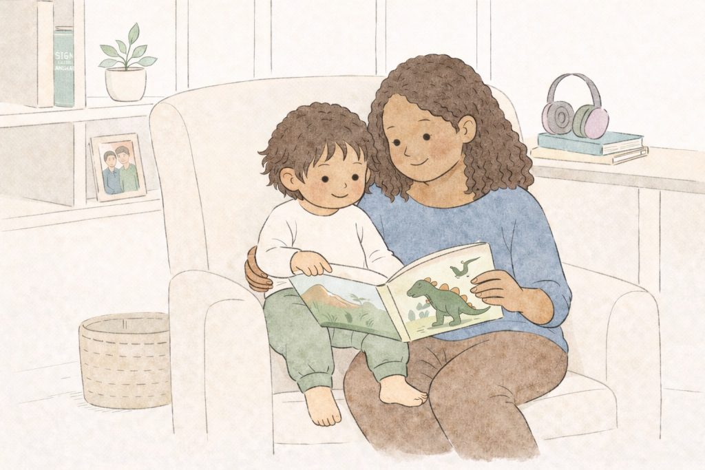 Mutter und Kind sitzen gemeinsam auf dem Sofa und lesen ein Buch