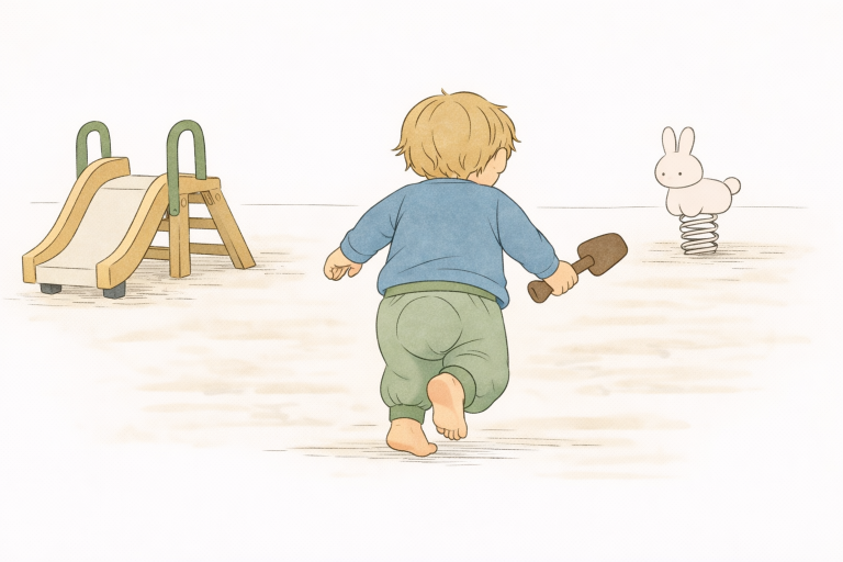 Ein Kind läuft mit einer Schaufel in der Hand über den Spielplatz