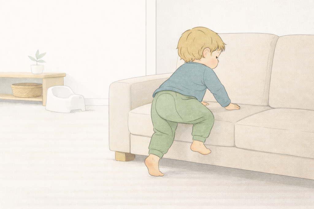 Ein Kind in Windelweg Hose klettert auf das Sofa