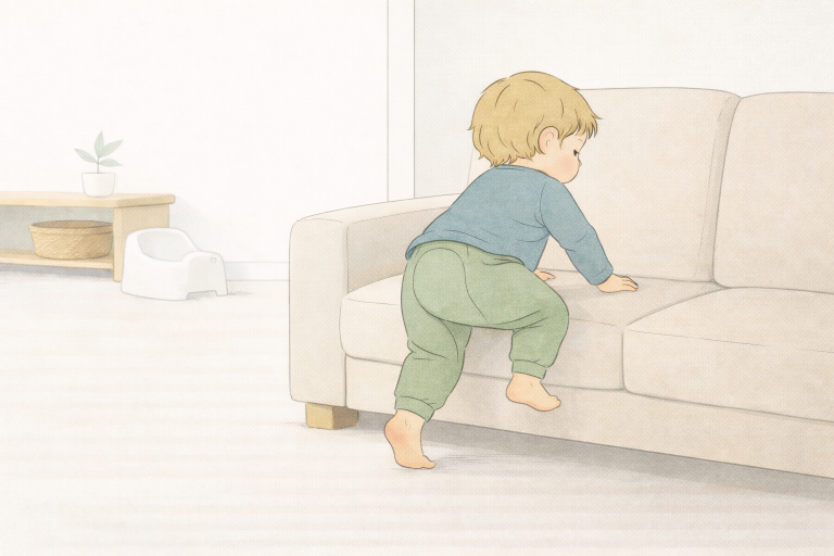 Ein Kind in Windelweg Hose klettert auf das Sofa