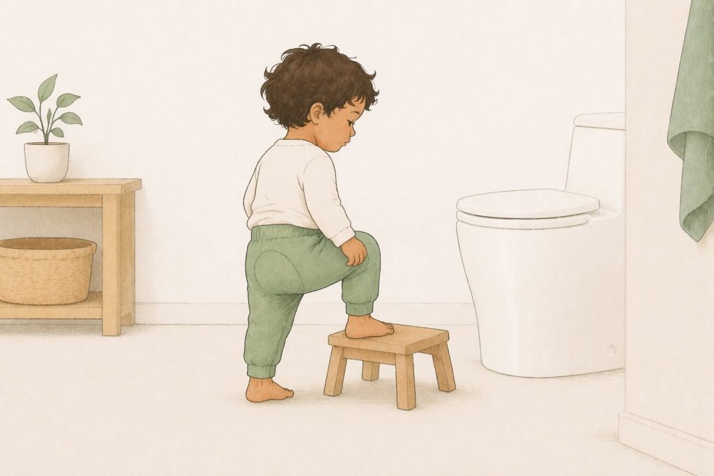 Das Kind steht seitlich an einer Toilette oder an einem Töpfchen mit Tritthocker. Die Kleidung ist sichtbar leicht hoch- und runterziehbar.