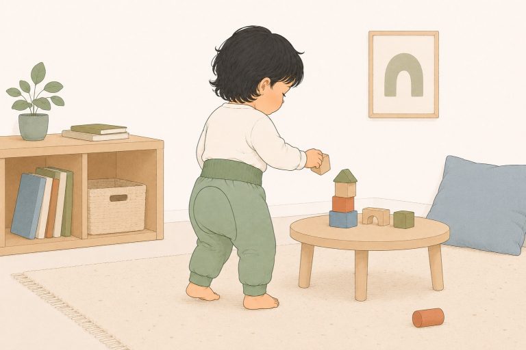 Ein Kind steht in Windelweg Hose im Wohnzimmer und spielt mit Bauklötzen