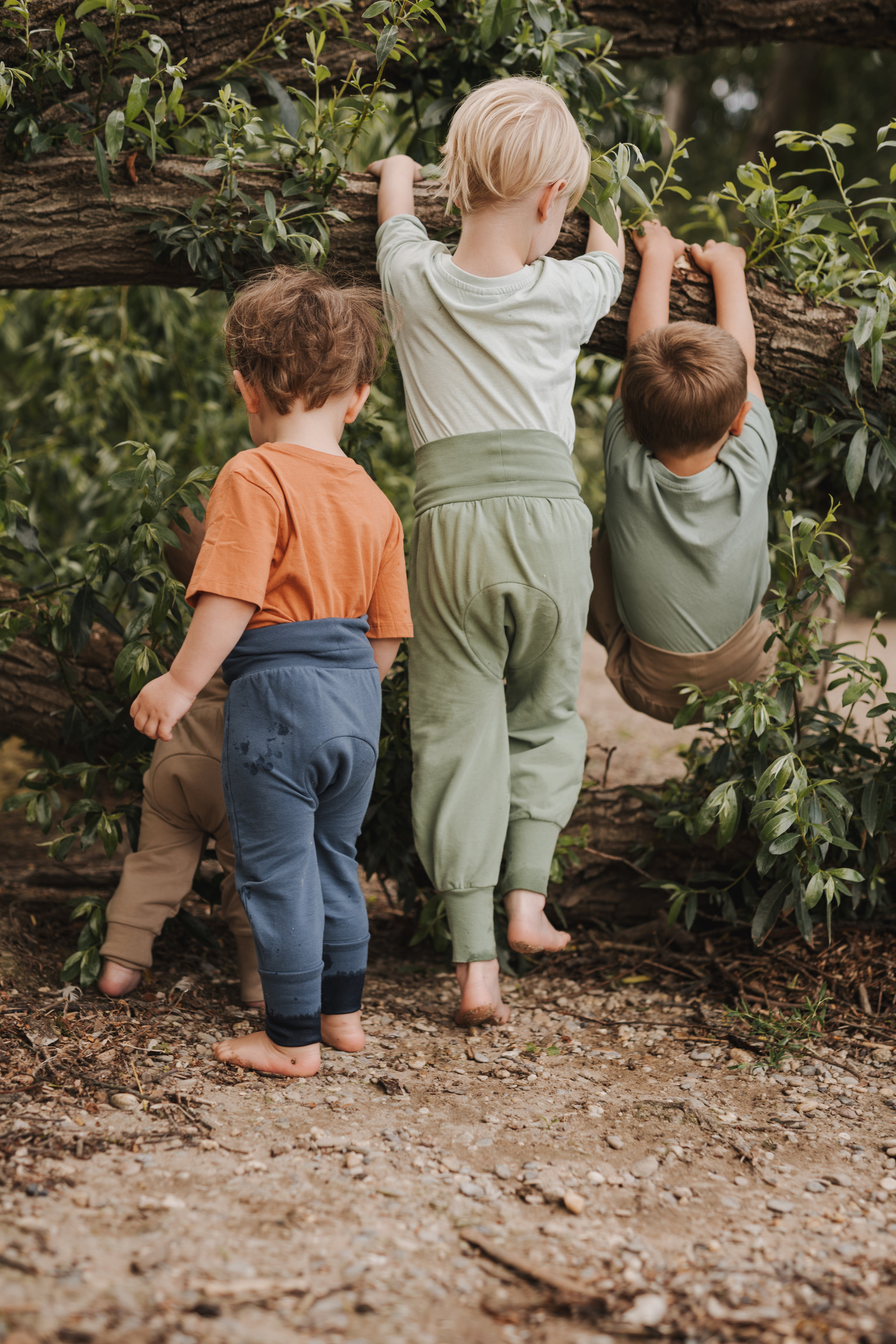 Vier Kinder, vom Babyalter bis fünf Jahren, alle tragen die Windelweg Hose in verschiedenen Farben
