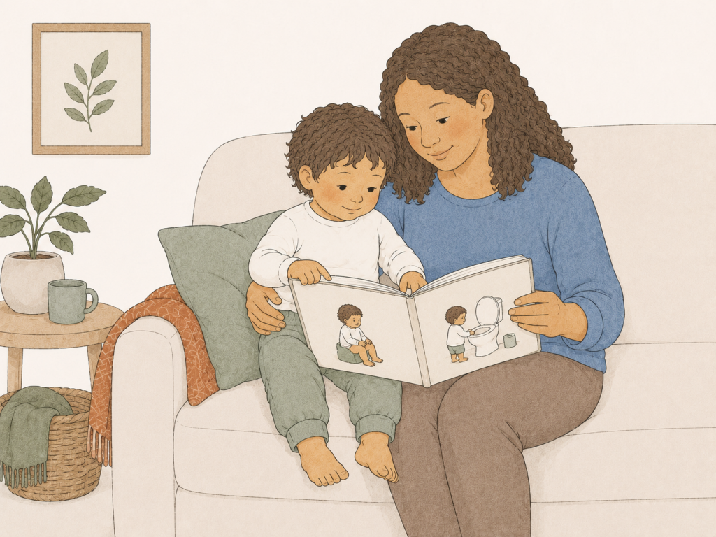 Mutter und Kind sitzen auf dem Sofa und lesen gemeinsam ein Bilderbuch