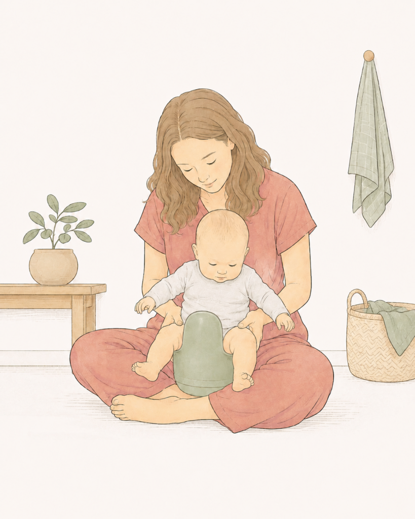 Eine Mutter hält ihr Baby über einem Töpfchen ab