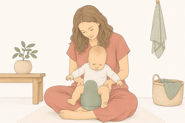 Eine Mutter hält ihr Baby über einem Töpfchen ab