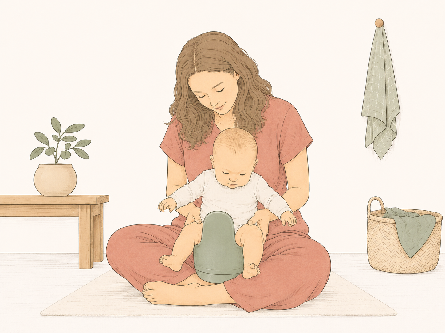 Eine Mutter hält ihr Baby über einem Töpfchen ab