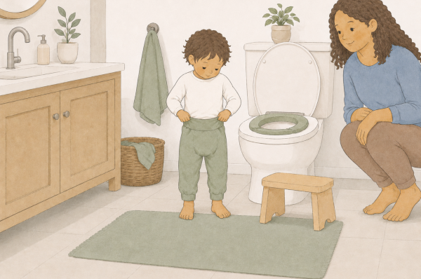 Ein Kind steht im Badezimmer vor der Toilette und ist dabei, sich die Hose herunterzuziehen. Eine weibliche Erwachsene hockt daneben.