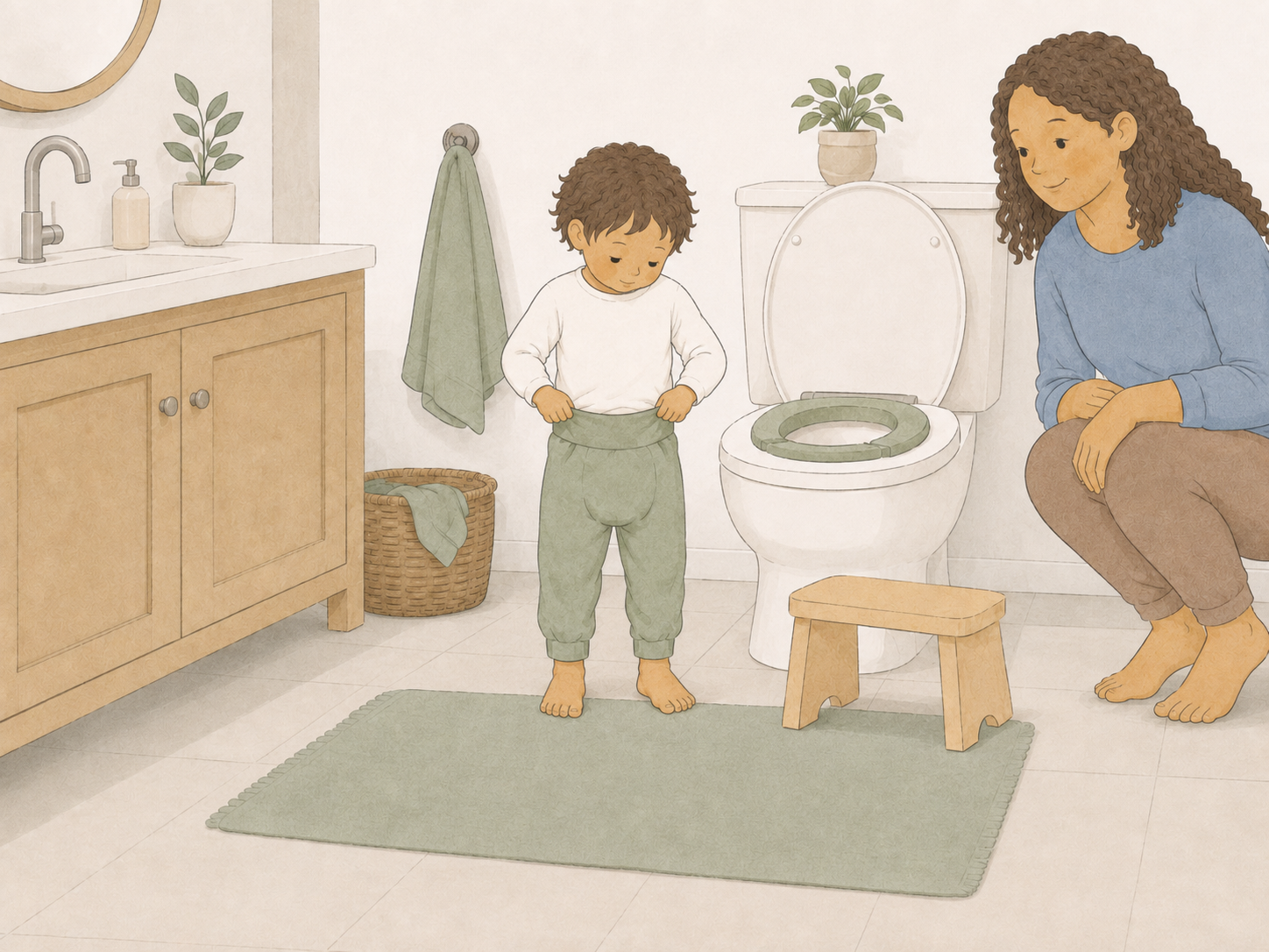 Ein Kind steht im Badezimmer vor der Toilette und ist dabei, sich die Hose herunterzuziehen. Eine weibliche Erwachsene hockt daneben.