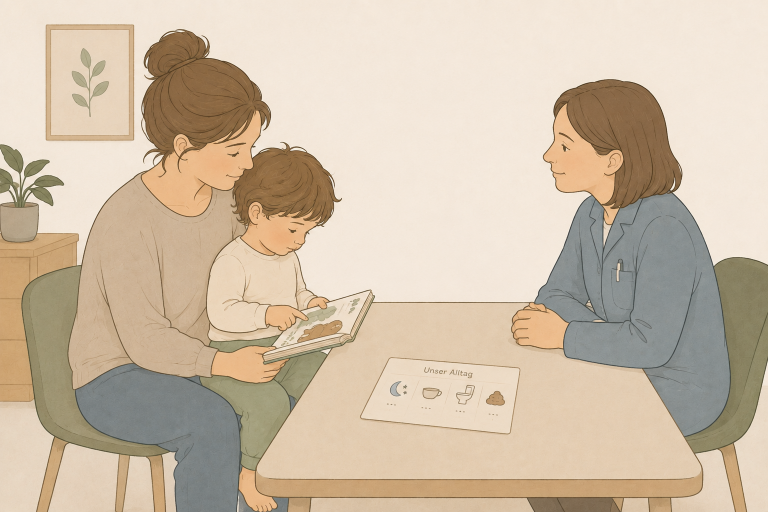 Eine Mutter sitzt mit ihrem Kind in der Arztpraxis, auf dem Tisch liegen Dokumetnationsbögen für Urin, Stuhlgang und mehr
