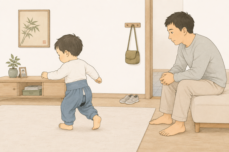 Ein Vater sitzt auf einem niedrigen Polstermöbel und sieht seinem Kleinkind zu, das von ihm weg läuft. Das Kind trägt traditionelle asiatische Splitpants.