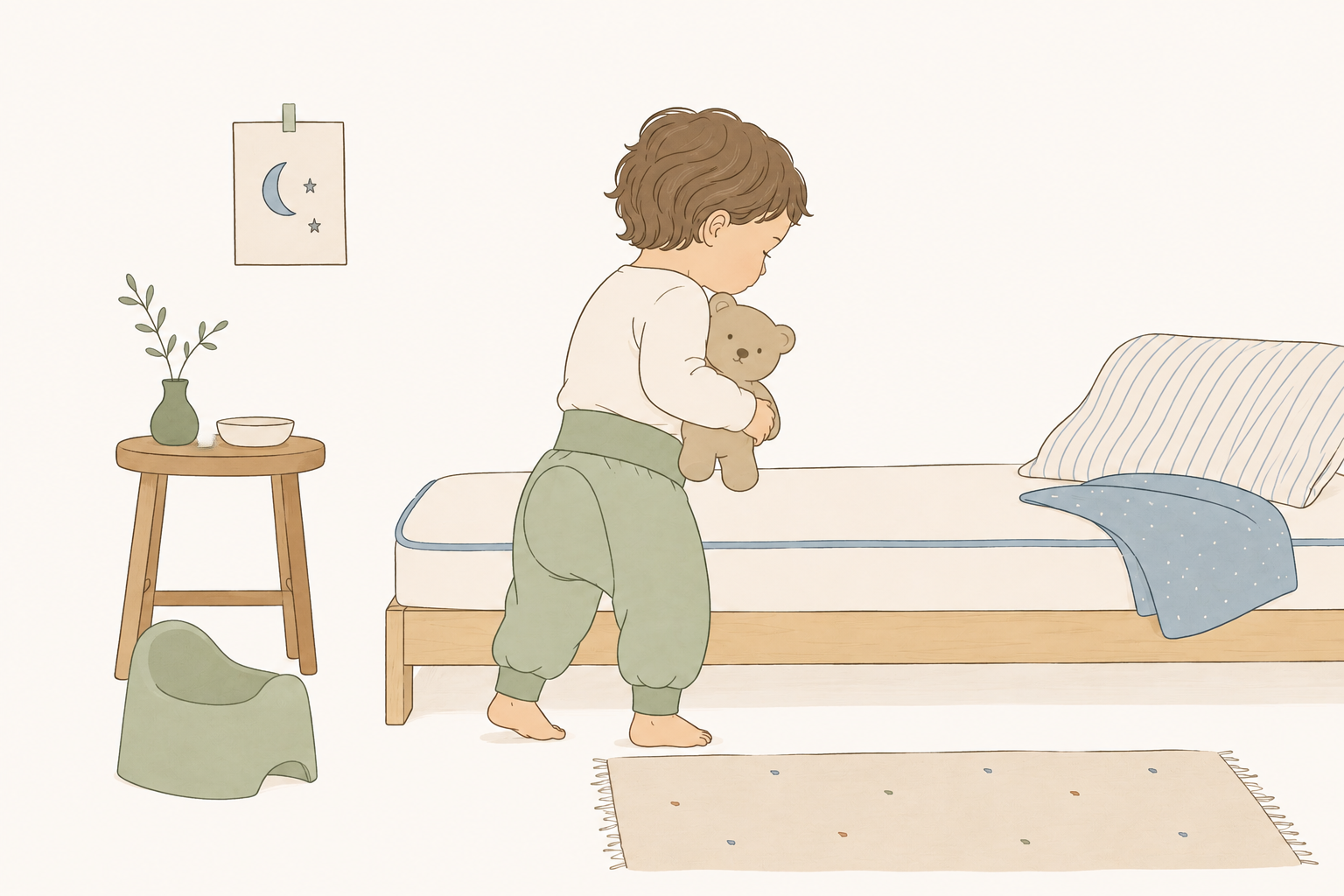 Ein Kind in Windelweg Hose macht sich bereit, ins Bett zu gehen