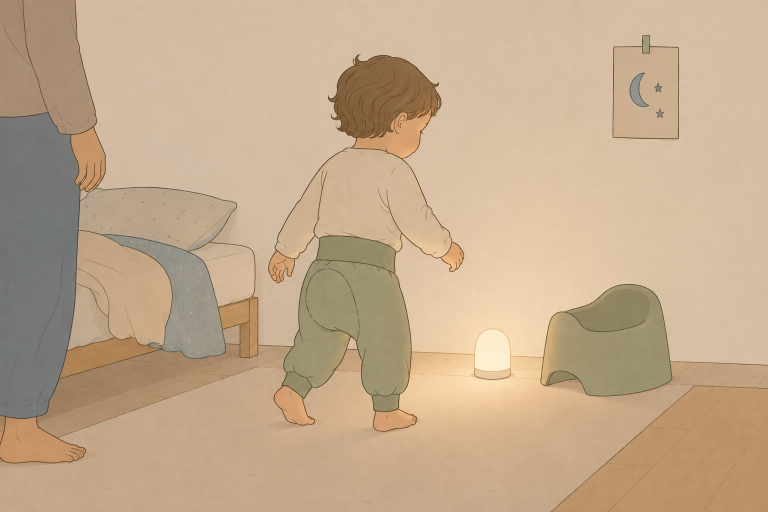 Ein Kind macht sich nachts im Licht eines NAchtlichts auf den Weg zum Töpfchen