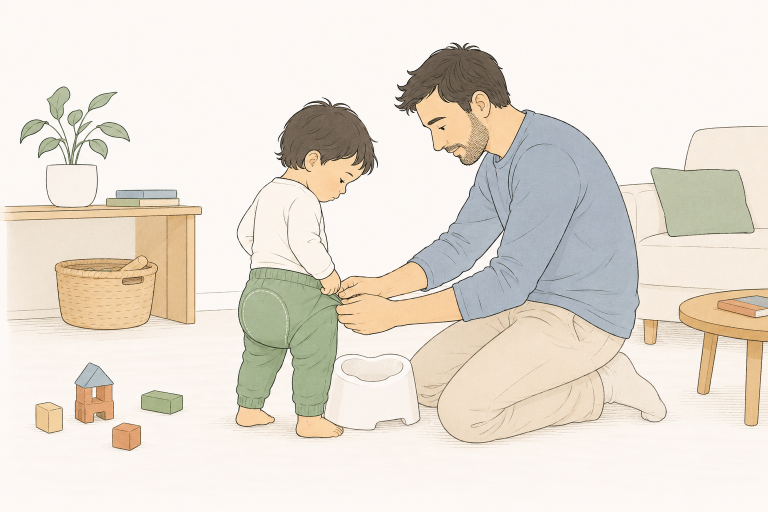 Ein Vater hilft einem Kleinkind, das Töprchen zu benutzen