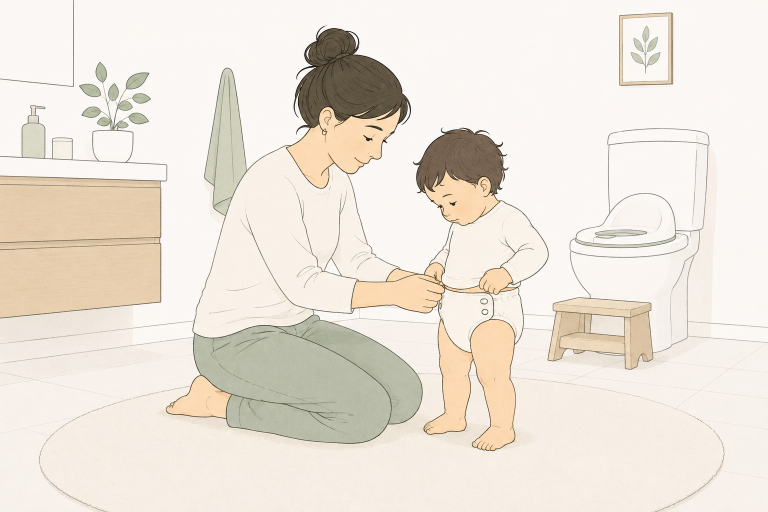 Eine Mutter steht mit ihrem Kind im Badezimmer, das Kind trägt eine Windel