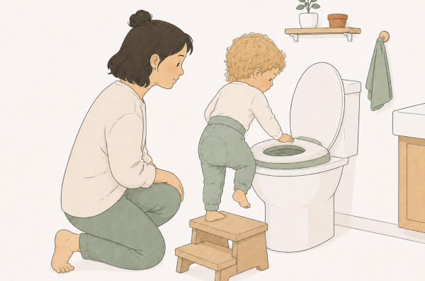 Eine Mutter hilft ihrem Kind beim Toilettengang