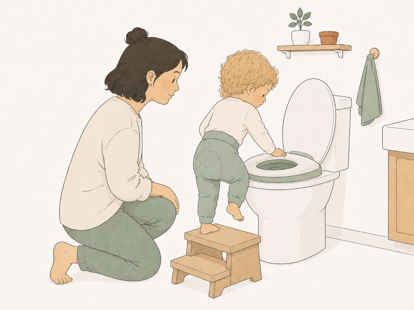 Eine Mutter hilft ihrem Kind beim Toilettengang