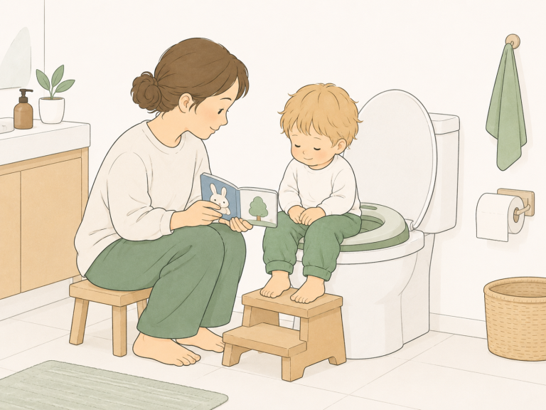 Ein Kleinkind sitzt vollständig bekleidet auf einer Toilette mit Kindersitz und Tritthocker, während ein Elternteil daneben ein kleines Bilderbuch hält.