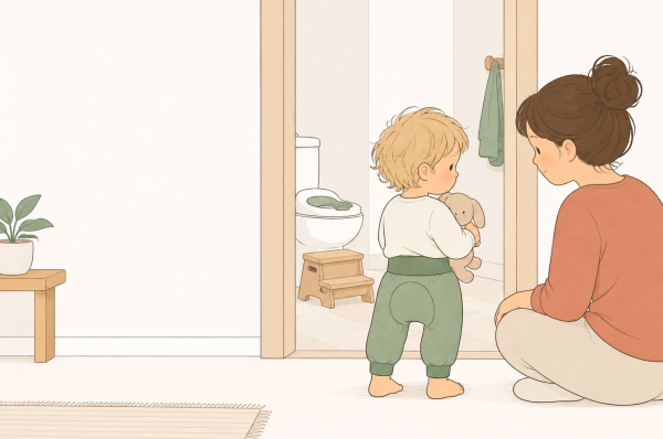 Ein Kleinkind steht mit Kuscheltier vor einer Badezimmertür, während ein Elternteil ruhig daneben sitzt. Im Hintergrund sind Toilette, Kindersitz und Tritthocker zu sehen.