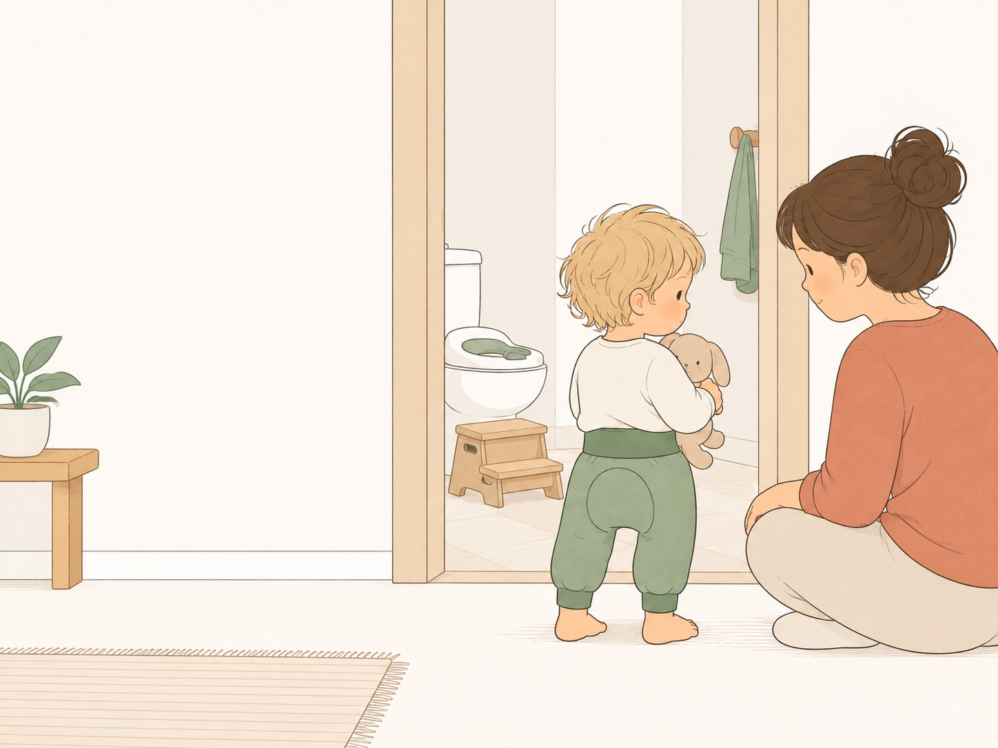Ein Kleinkind steht mit Kuscheltier vor einer Badezimmertür, während ein Elternteil ruhig daneben sitzt. Im Hintergrund sind Toilette, Kindersitz und Tritthocker zu sehen.